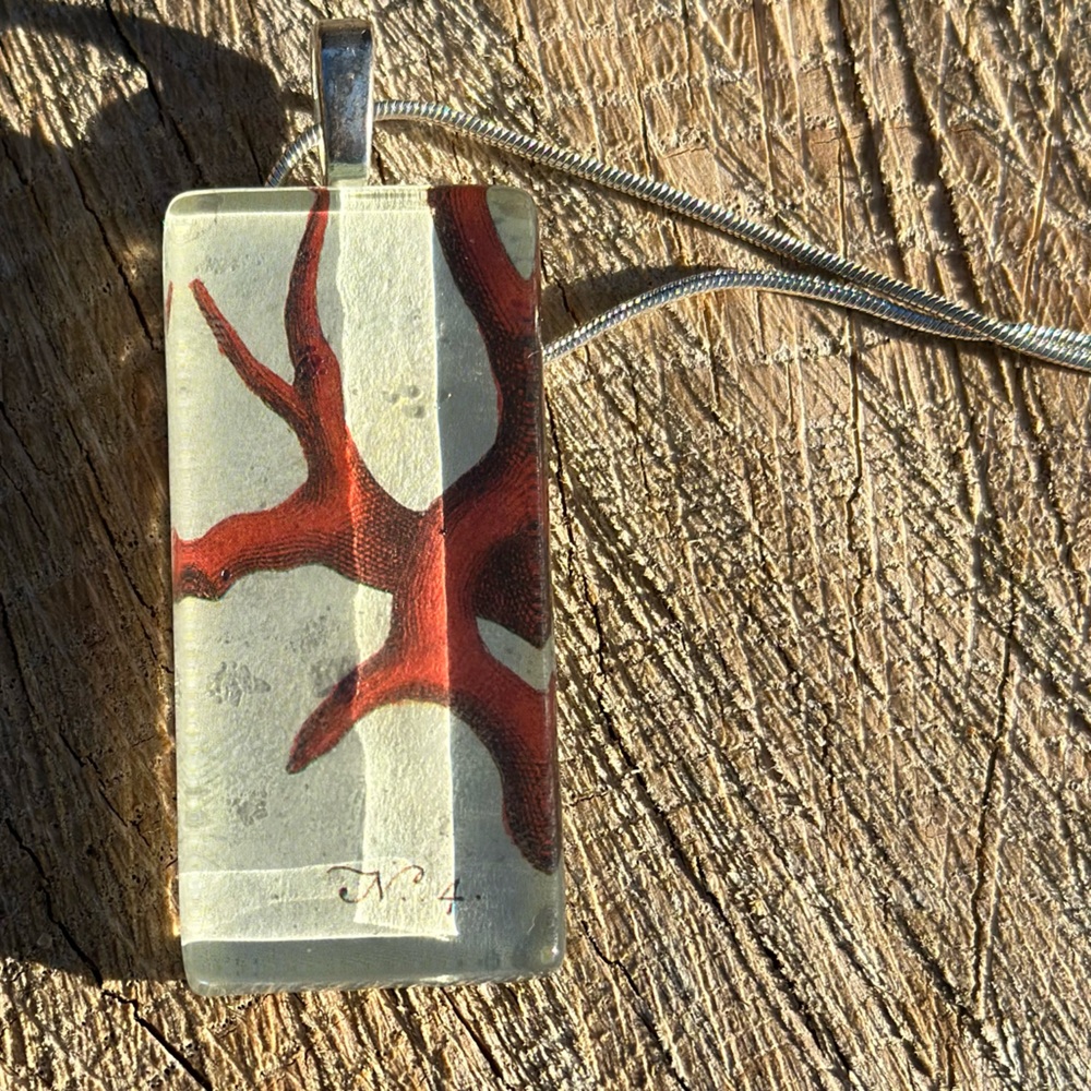 - Handmade glass cabochon necklace with vintage red coral art decopauge pa…